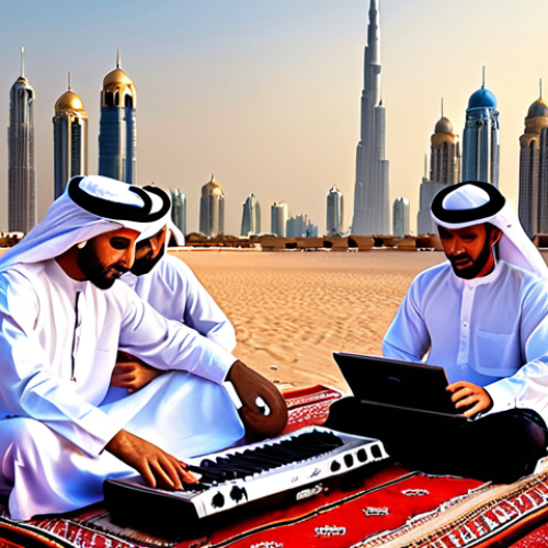Home 4 **Image Prompt:** A vibrant scene blending traditional Emirati musicians playing oud and qanun with modern technology like laptops and digital audio workstations, set against a backdrop of the Dubai skyline.