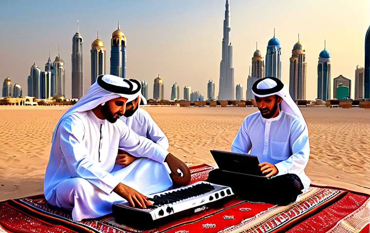 **Image Prompt:** A vibrant scene blending traditional Emirati musicians playing oud and qanun with modern technology like laptops and digital audio workstations, set against a backdrop of the Dubai skyline.