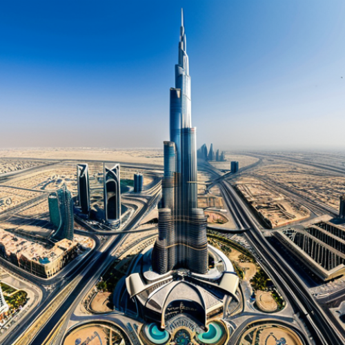 **

"A wide, panoramic view of the Burj Khalifa in Dubai, taken during the daytime. The skyscraper is fully visible, showcasing its unique architecture inspired by the desert lily. Surrounding the Burj Khalifa are other modern buildings and cityscapes. The sky is clear. Safe for work, appropriate content, fully clothed, professional architecture photography, perfect anatomy, natural proportions, high quality."

**