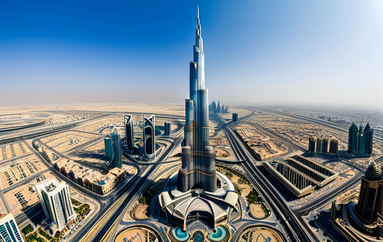 **

"A wide, panoramic view of the Burj Khalifa in Dubai, taken during the daytime. The skyscraper is fully visible, showcasing its unique architecture inspired by the desert lily. Surrounding the Burj Khalifa are other modern buildings and cityscapes. The sky is clear. Safe for work, appropriate content, fully clothed, professional architecture photography, perfect anatomy, natural proportions, high quality."

**