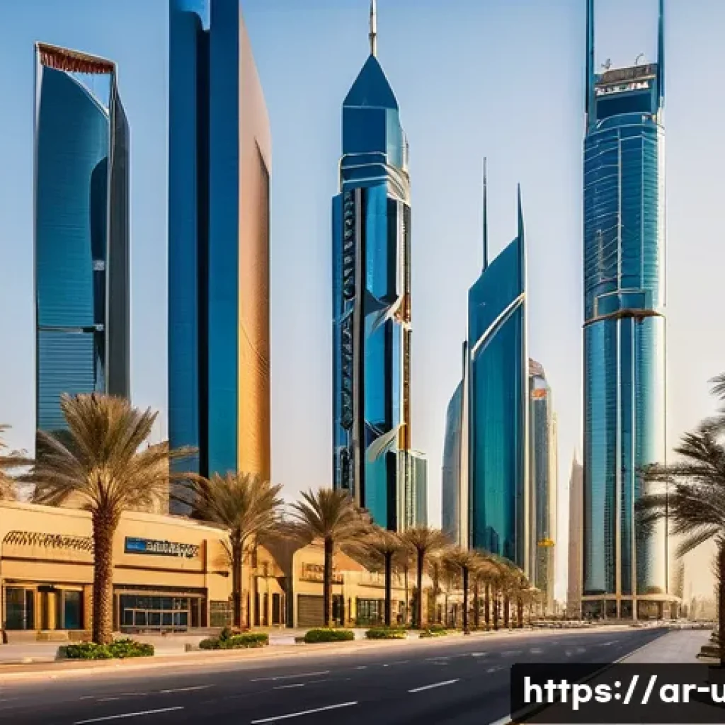 UAE 경제 자유구역 투자 방법 - A modern, bustling free zone business district in the UAE at sunset, featuring sleek skyscrapers and...