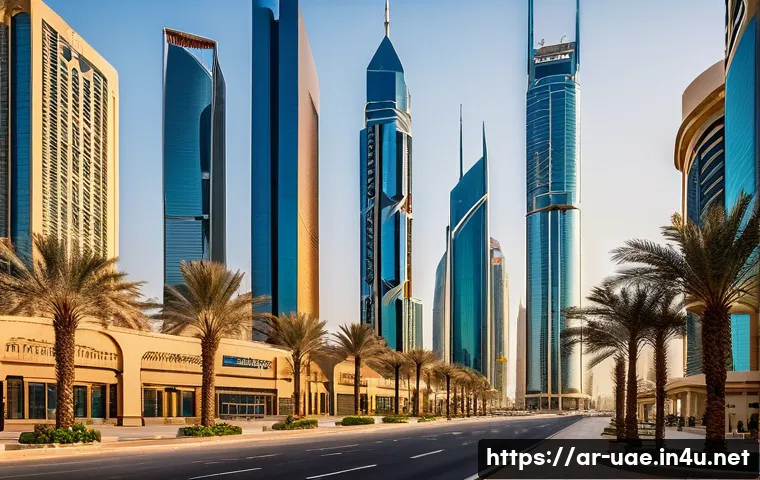 UAE 경제 자유구역 투자 방법 - A modern, bustling free zone business district in the UAE at sunset, featuring sleek skyscrapers and...