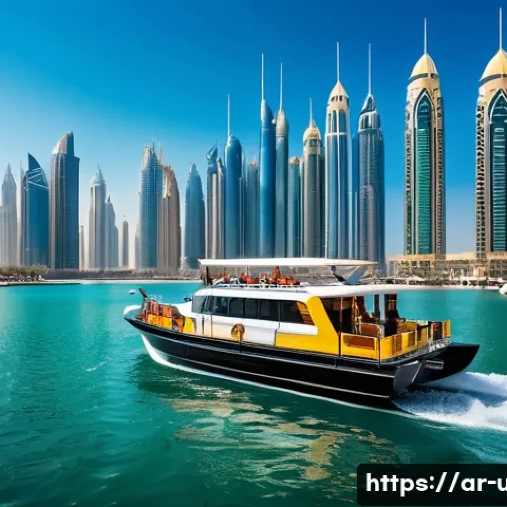 두바이 워터 택시 활용법 - A vibrant daytime scene of a modern water taxi cruising through Dubai Marina, featuring sleek boats ...