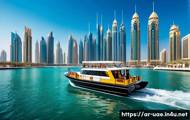 두바이 워터 택시 활용법 - A vibrant daytime scene of a modern water taxi cruising through Dubai Marina, featuring sleek boats ...