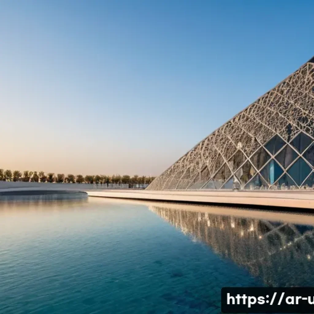 아부다비 루브르 박물관 - A stunning architectural scene of the Louvre Abu Dhabi museum during golden hour, showcasing the mas...