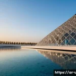 아부다비 루브르 박물관 - A stunning architectural scene of the Louvre Abu Dhabi museum during golden hour, showcasing the mas...