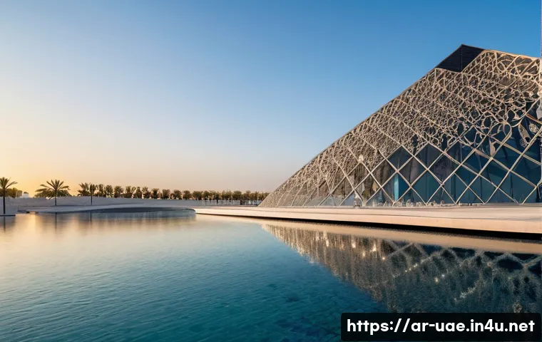 아부다비 루브르 박물관 - A stunning architectural scene of the Louvre Abu Dhabi museum during golden hour, showcasing the mas...