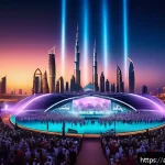 두바이 음악 축제 DXB Sound Festival - A vibrant outdoor music festival scene in Dubai at night, featuring a diverse crowd of people enjoyi...