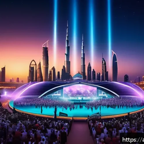 두바이 음악 축제 DXB Sound Festival - A vibrant outdoor music festival scene in Dubai at night, featuring a diverse crowd of people enjoyi...