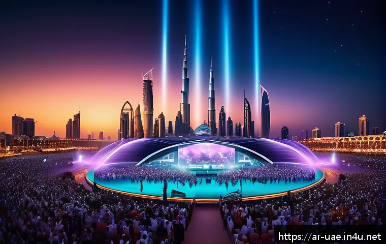 두바이 음악 축제 DXB Sound Festival - A vibrant outdoor music festival scene in Dubai at night, featuring a diverse crowd of people enjoyi...
