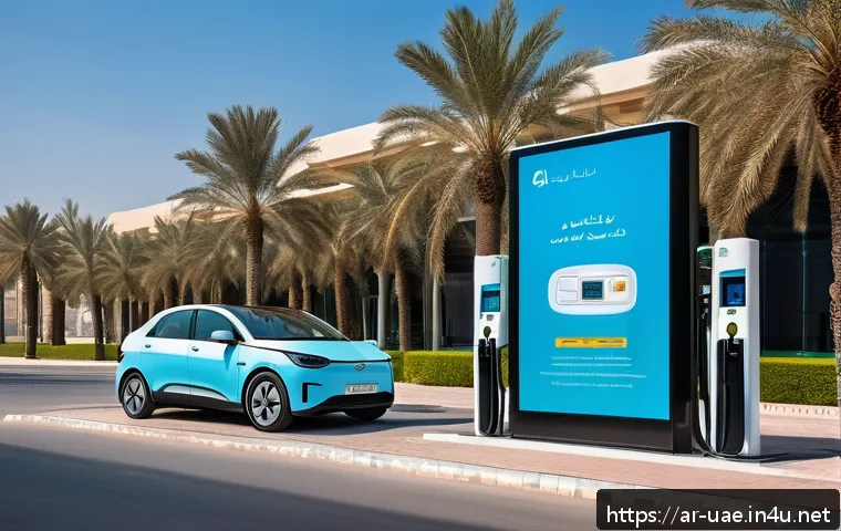 아부다비 전기자동차 충전소 - A vibrant urban scene in Abu Dhabi featuring a sleek electric vehicle charging at a modern, solar-po...