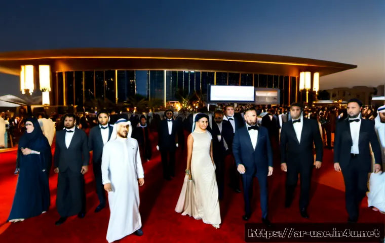 두바이 국제 영화제 정보 - Photorealistic evening scene outside a prestigious Dubai international film festival venue, elegant ...