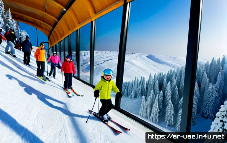 두바이 실내 스키장  스키 두바이 - Photorealistic wide interior view of a vast Dubai indoor ski resort, a Middle Eastern Arab family in...